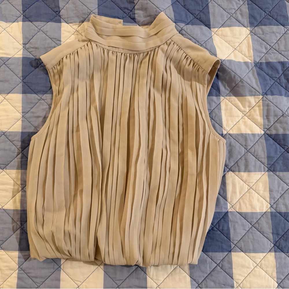 Aritzia Babaton Pleated Sleeveless Mock Neck Blouse in Beige